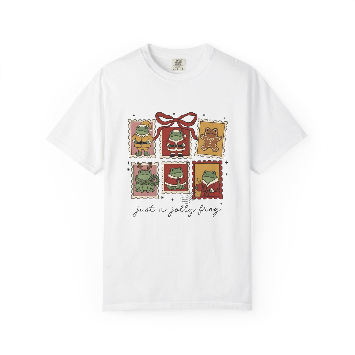Frog Holiday Stamps T-Shirt Christmas Pets Gift Women Cute T-Shirt Toad T-Shirt Christmas Fan Kawaii T-Shirt Animal Graphic Vintage Festive Wreath