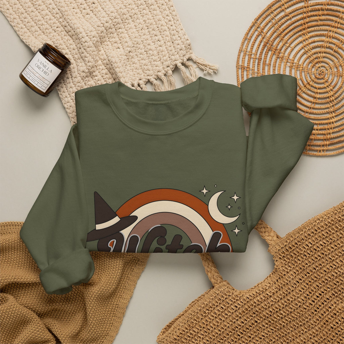 Witch Hat Rainbow Sweatshirt Halloween Supernatural Gift Women Hippie Sweatshirt Witchy Hat Sweatshirt Horror Fan Boho Sweatshirt Occult Graphic Classic