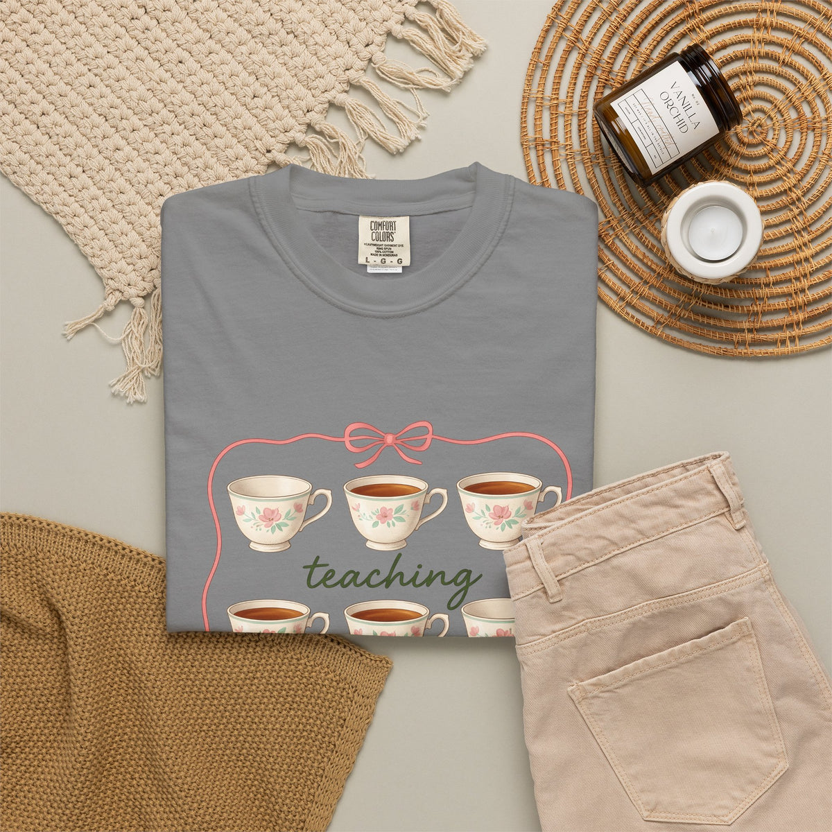 Floral Teacup T-Shirt Teachers Coffee Gift Women Vintage T-Shirt Teacup T-Shirt Educator Enthusiast Retro T-Shirt Caffeine Graphic Hand Drawn Bow