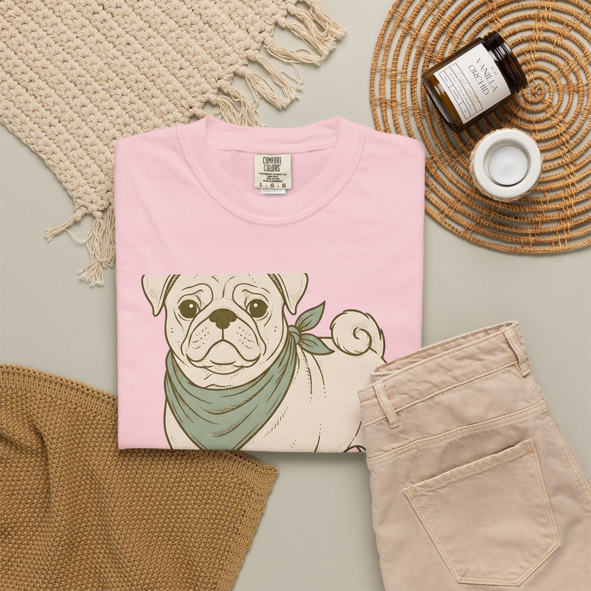 Pug Dog T-Shirt Dog Pets Gift Women Hand Drawn T-Shirt Puggle T-Shirt Dog Fan Mop Dog Graphic Pet Design Illustration Minimalist Bandana T-Shirt