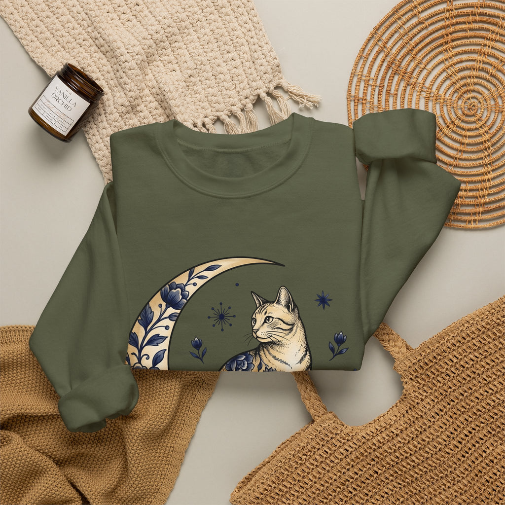 Flower Kitty Sweatshirt Cat Astrology Gift Women Hippie Sweatshirt Kitty Cat Sweatshirt Cat Fan Zodiac Graphic Sweatshirt Retro Half Moon Sweatshirt