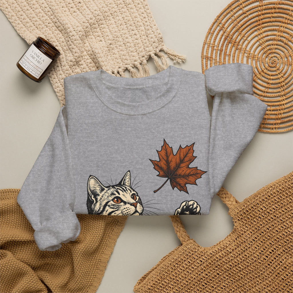 Tabby Cat Sweatshirt Cat Autumn Gift Women Vintage Sweatshirt Kitty Sweatshirt Feline Fan Retro Sweatshirt Fall Graphic Hand Drawn Maple Leaf Sweatshirt