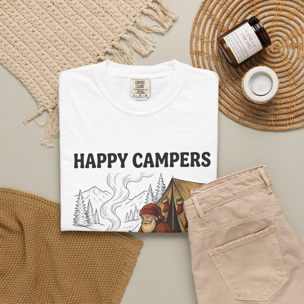 Santa Campfire T-Shirt Christmas Hiking Gift Women Rustic T-Shirt Krampus T-Shirt Xmas Fan Holiday Trek Graphic T-Shirt Line Art Camping Tent