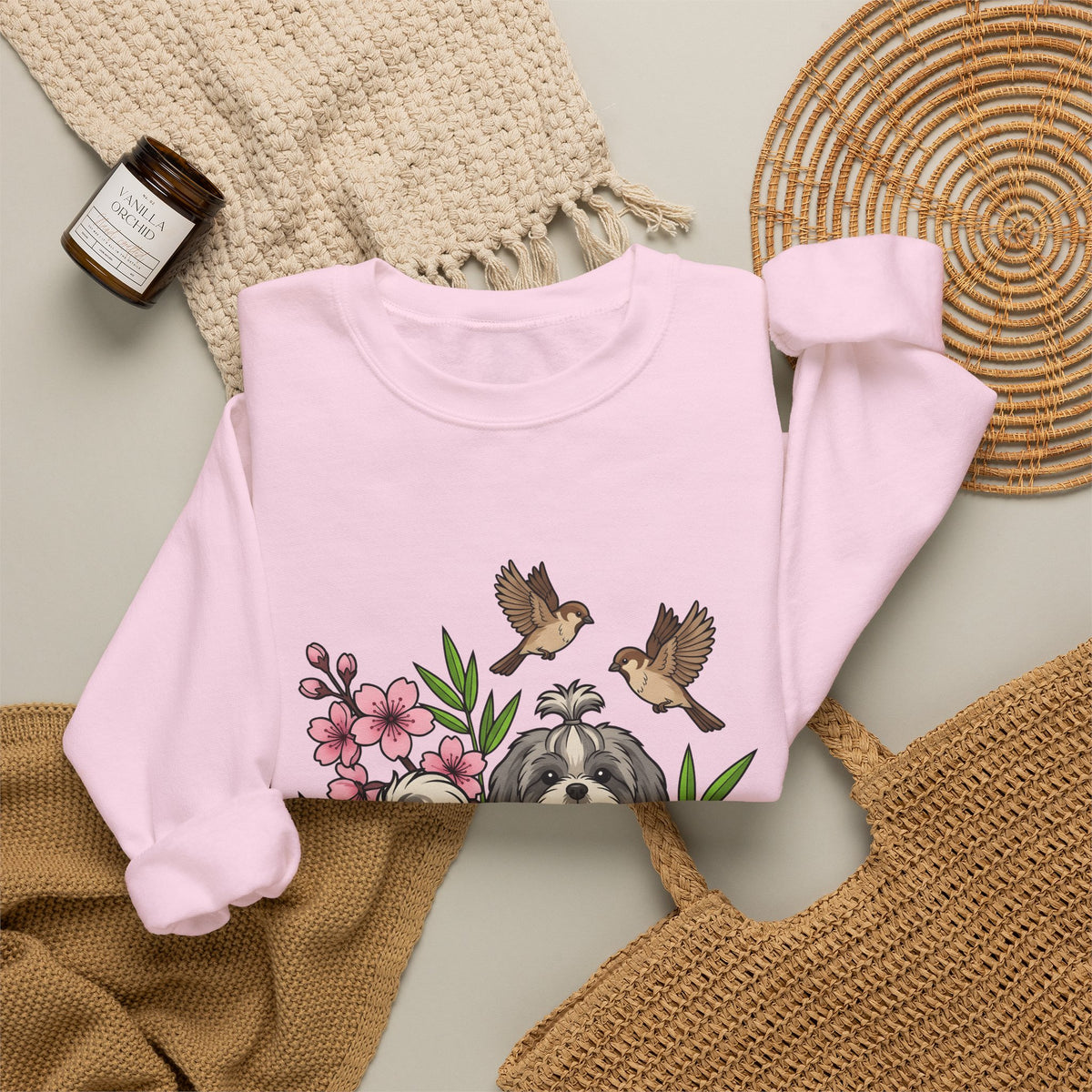 Shih Tzu Puppy Sweatshirt Dog Botanical Gift Women Cute Sweatshirt Puppy Sweatshirt Dog Fan Pup Sweatshirt Floral Graphic Sketch Sakura Flowers Sweatshirt