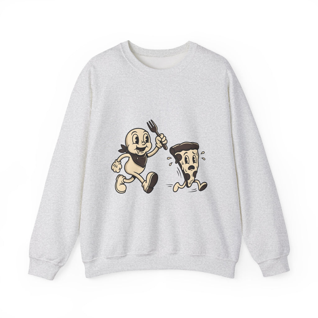 Cartoon Pizza Chase Sweatshirt Funny Meal Gift Women Hand Drawn Sweatshirt Pizza Sweatshirt Humor Fan Doodle Graphic Sweatshirt Line Art Pizza Piece Sweatshirt