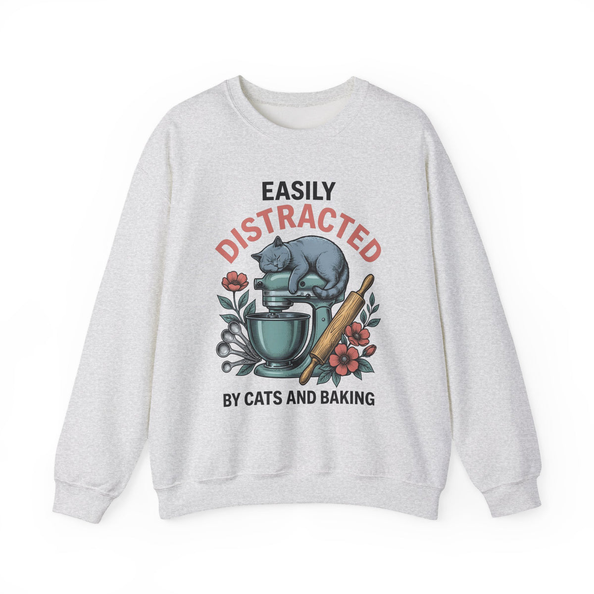 Cat Blender Sweatshirt Cat Dessert Gift Women Retro Sweatshirt Blender Sweatshirt Cat Fan Vintage Sweatshirt Pastry Graphic Sketch Blossoms Sweatshirt