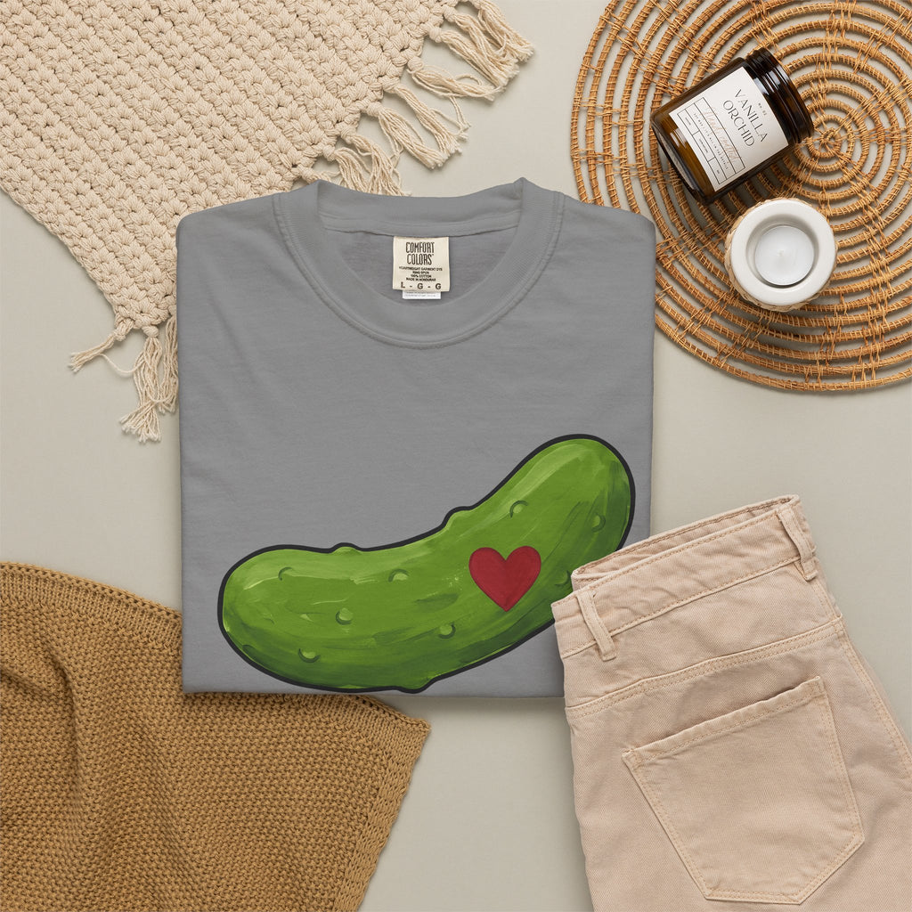 Pickle Illustration T-Shirt Funny Gastronomy Gift Women Doodle T-Shirt Dill T-Shirt Humor Fan Cartoon T-Shirt Food Graphic Outline Heart Shape