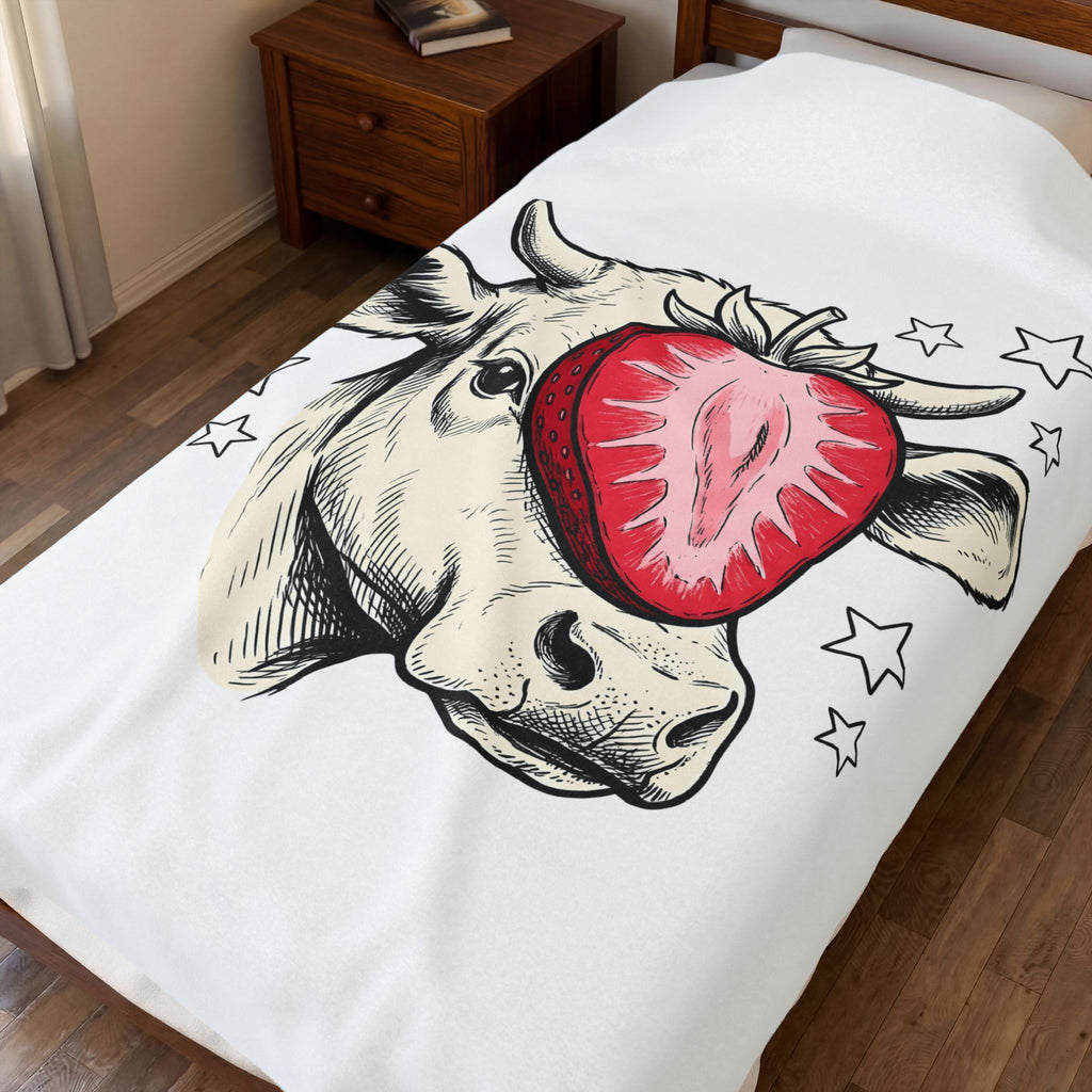 Cow Strawberry Blanket Cute Animal Gift Women Hand Drawn Blanket Cow Blanket Adorable Fan Illustrated Blanket Creature Graphic Whimsical Stars