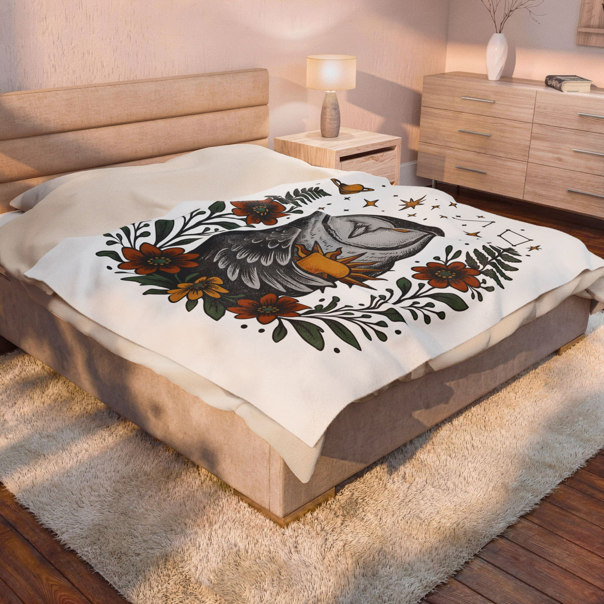 Owl Sun Boho Chic Nature Gift Boho Hoot Bohemian Fan Hippie Environmental Vintage Floral Blanket