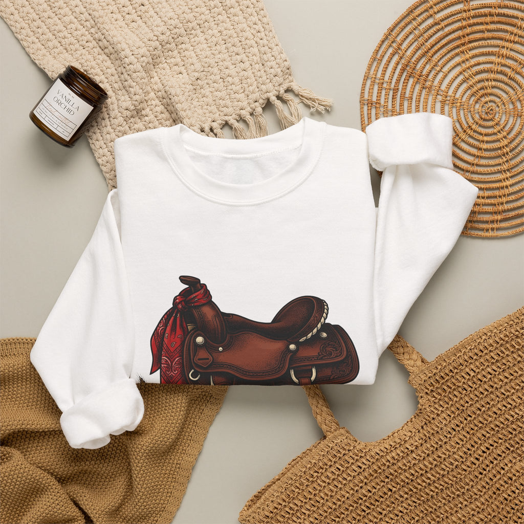 Western Saddle Cowgirl Western Gift Vintage Saddle Cowboy Fan Rodeo Hand Drawn Wheat Sweatshirt