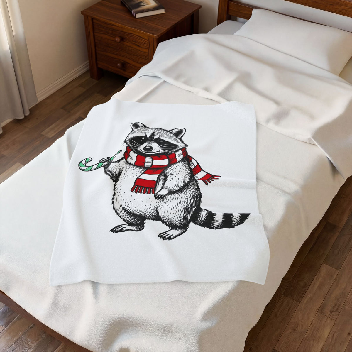 Raccoon Illustration Blanket Animals Holiday Gift Women Sketch Blanket Trash Panda Blanket Wildlife Fan Drawing Graphic Christmas Retro Peppermint