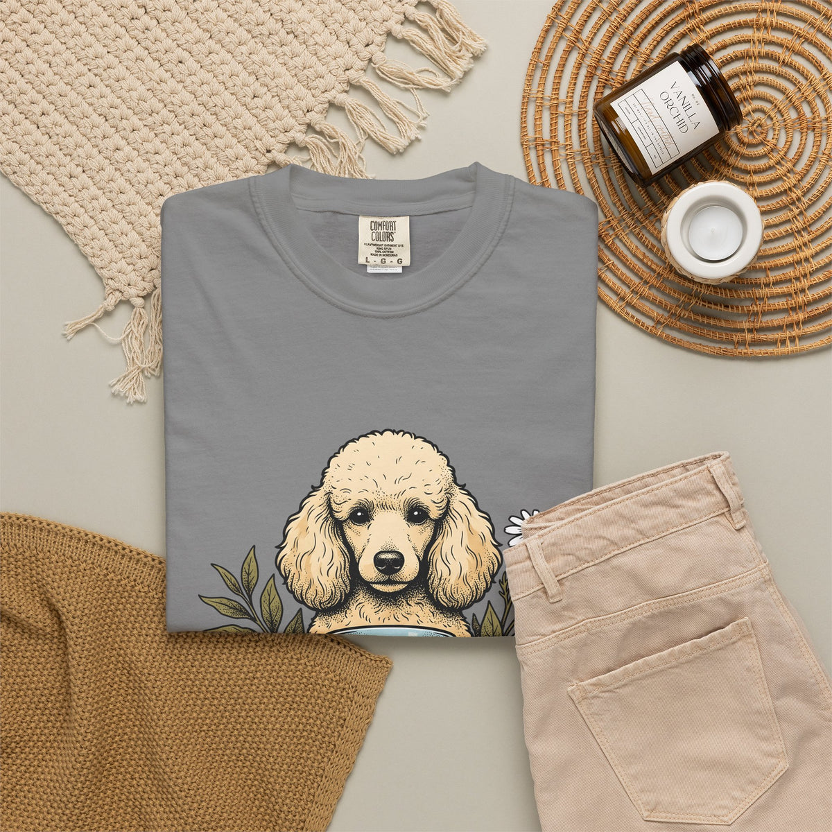 Poodle Tea T-Shirt T-Shirt Dog Flower Gift Women Retro T-Shirt Tea Cup T-Shirt Canine Fan Poodle T-Shirt T-Shirt Floral Graphic Sketch Citrus T-Shirt