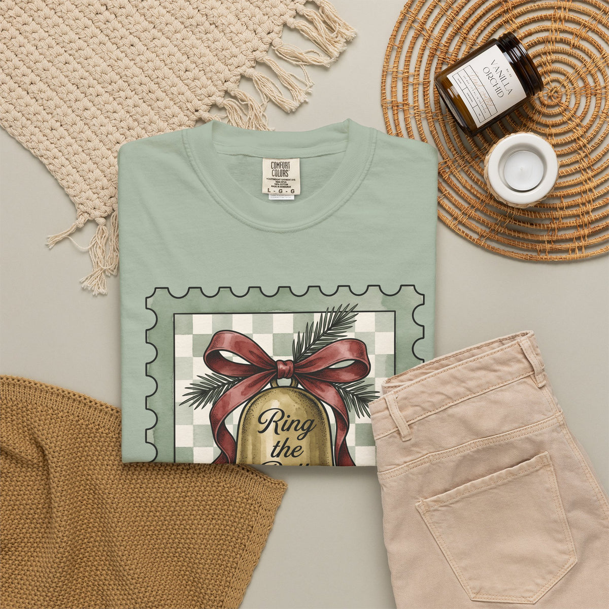 Festive Bell T-Shirt Christmas Seasonal Gift Women Retro T-Shirt Jingle Bell T-Shirt Christmas Fan Vintage T-Shirt Holiday Graphic Rustic Fir Twig