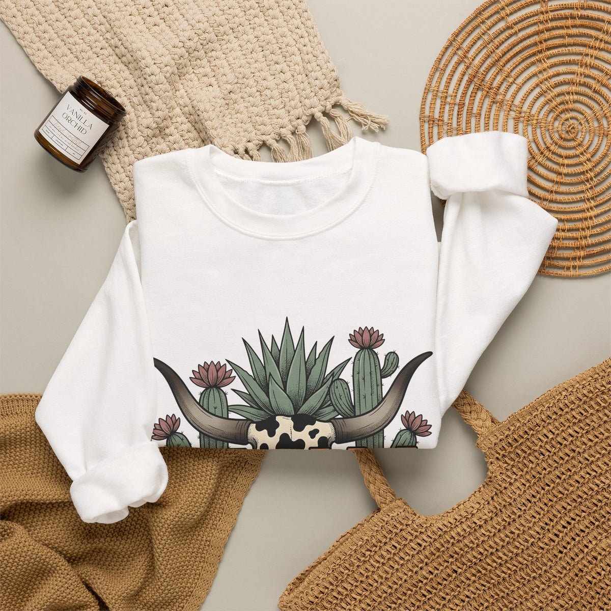Longhorn Skull Cactus Sweatshirt Moms Plains Gift Women Native Sweatshirt Cactus Sweatshirt Mother Fan Tribal Sweatshirt Prairie Graphic Line Art Desert Plant