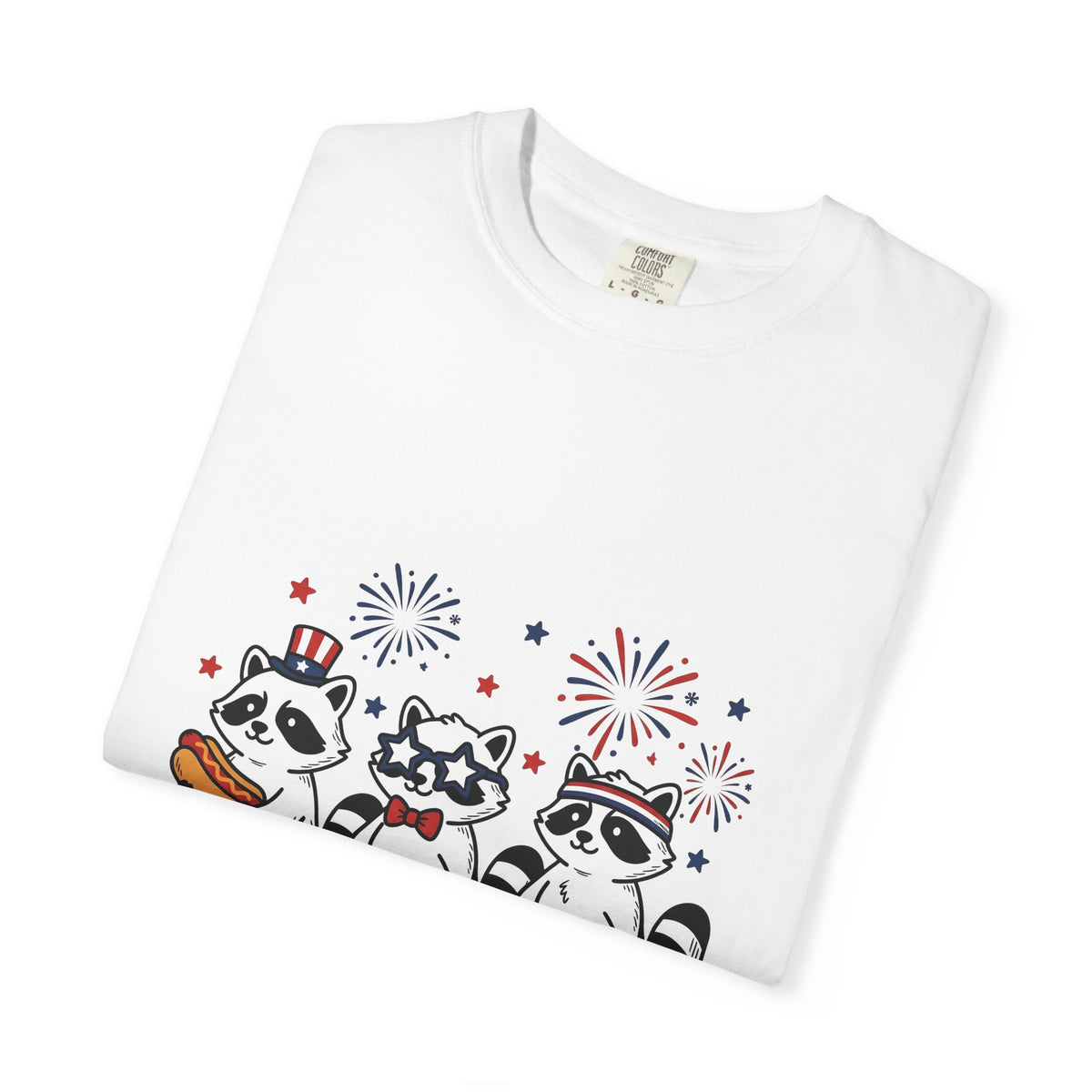Raccoon Pack T-Shirt 4th Of July Fauna Gift Women Hand Drawn T-Shirt Trash Panda T-Shirt Independence Day Fan Illustrated T-Shirt Wildlife Graphic