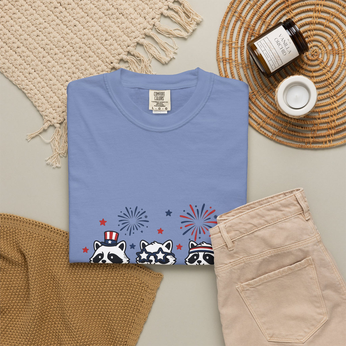 Raccoon Pack T-Shirt 4th Of July Fauna Gift Women Hand Drawn T-Shirt Trash Panda T-Shirt Independence Day Fan Illustrated T-Shirt Wildlife Graphic