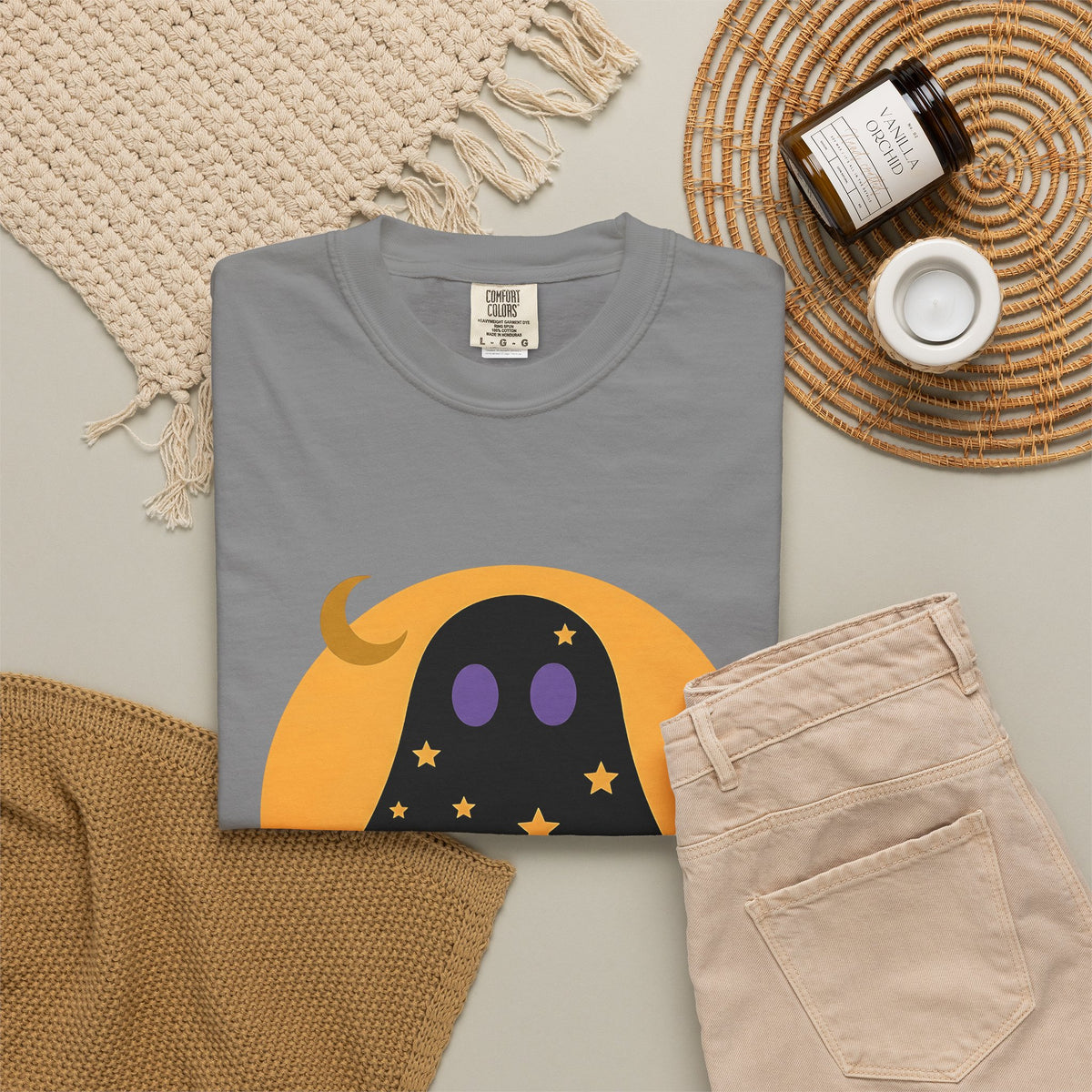 Ghost Halloween Spooky Gift Cute Specter Horror Fan Ghostly Macabre Minimalist Crescent T-Shirt