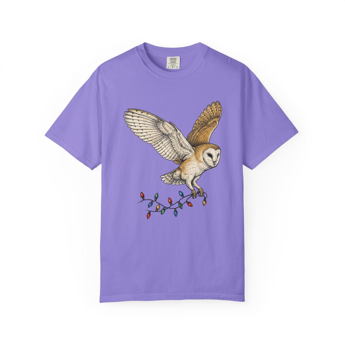 Barn Owl T-Shirt Christmas Pets Gift Women Cartoon T-Shirt Owl T-Shirt Xmas Fan Owl T-Shirt Animal Graphic Classic Globe Lights T-Shirt