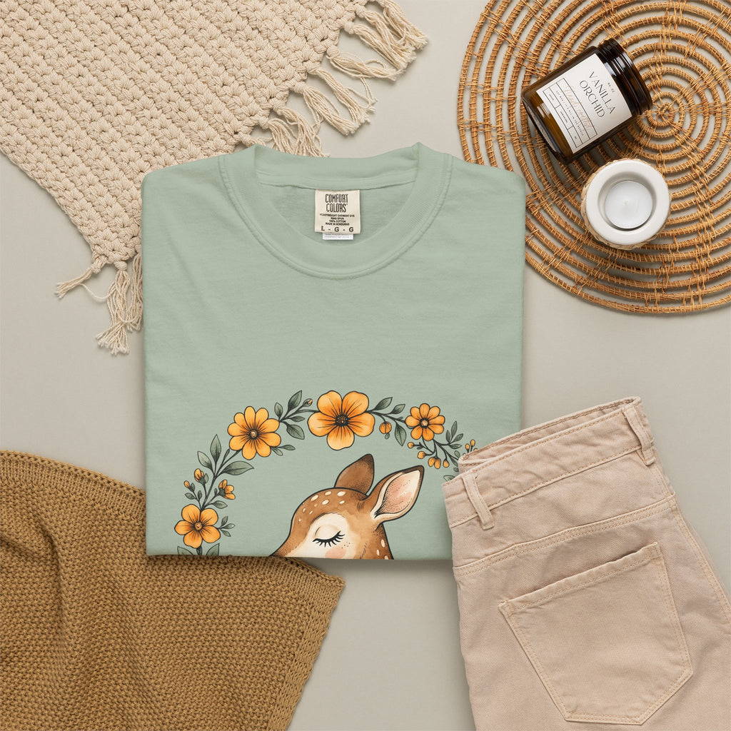 Fawn Boho Chic Forest Gift Sketch Deer Bohemian Fan Drawing Woods Pastel Flower Crown T-Shirt