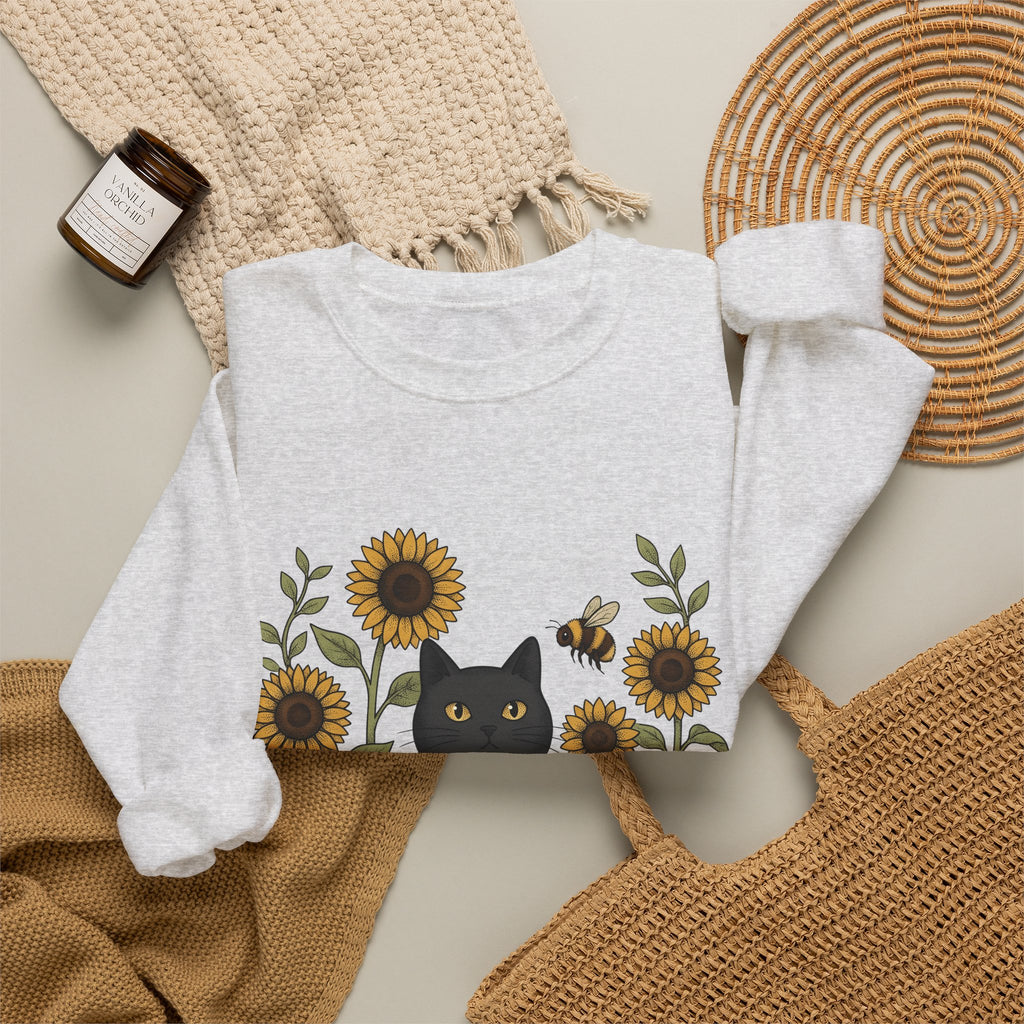 Dark Cat Sweatshirt Boho Chic Garden Gift Women Line Art Sweatshirt Black Cat Sweatshirt Bohemian Fan Minimalist Sweatshirt Gardening Graphic Cartoon Yellow