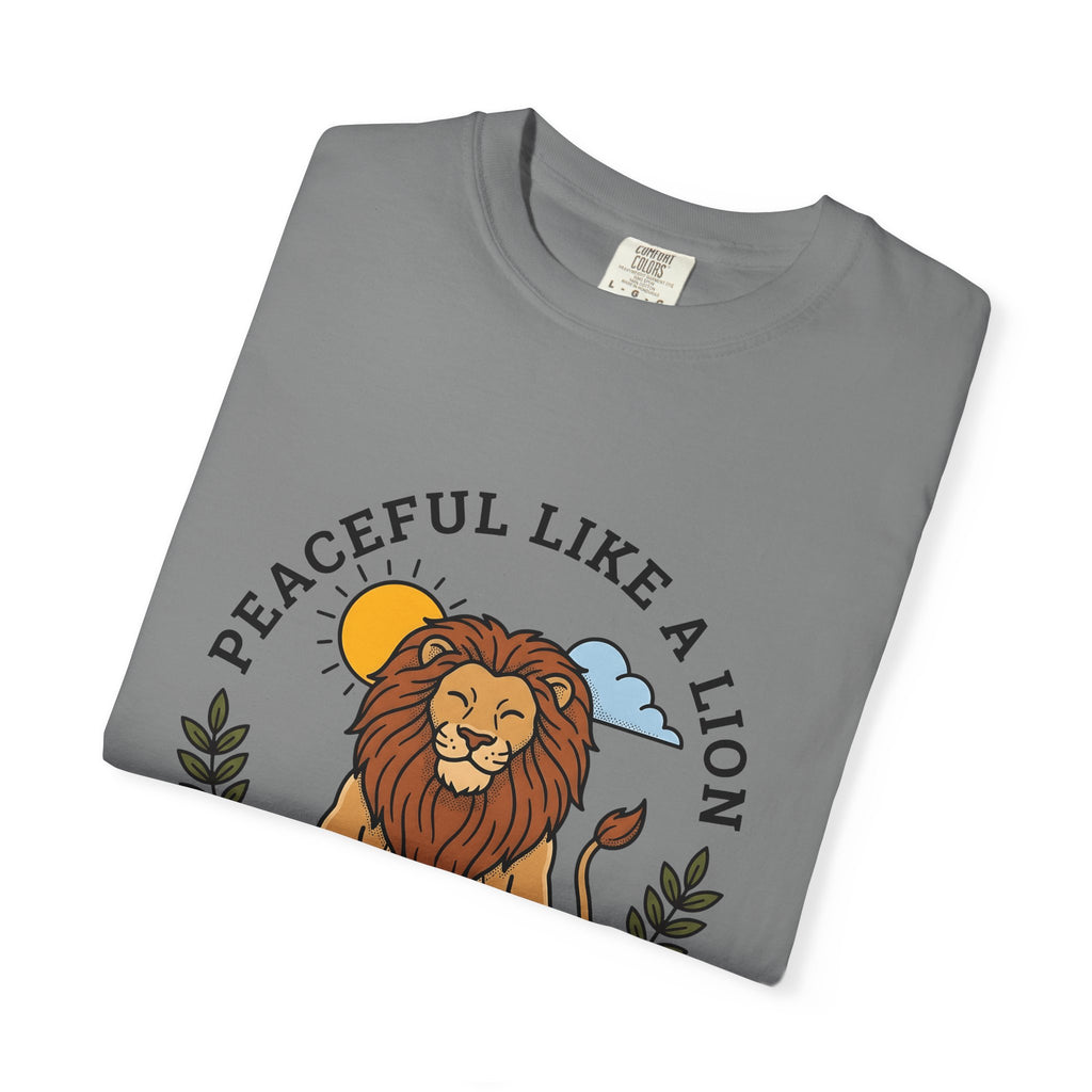 Meditating Lion T-Shirt Yoga Mindfulness Gift Women Cartoon T-Shirt Lioness T-Shirt Yoga Enthusiast Comic T-Shirt Meditation Graphic Minimalist Sun