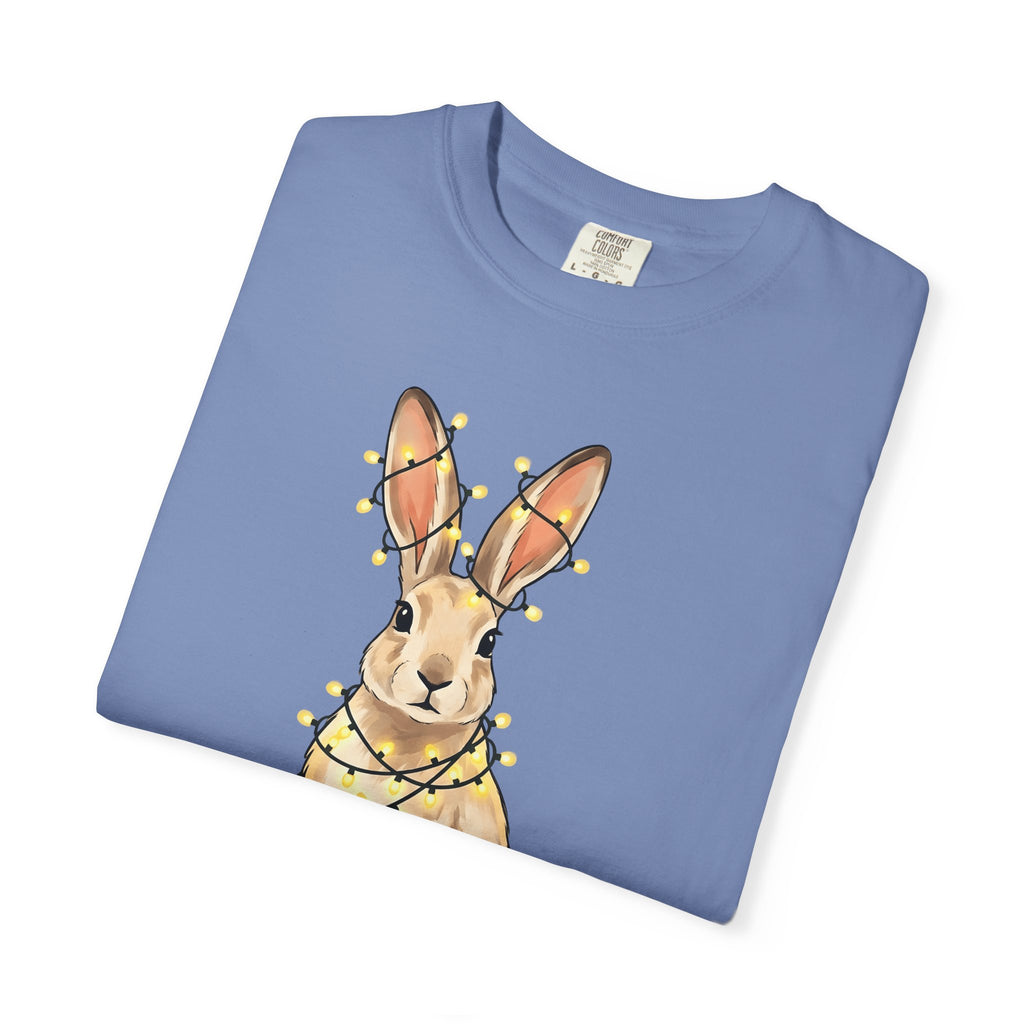 Bunny T-Shirt Animals Holiday Gift Women Cute T-Shirt Rabbit T-Shirt Pet Fan Cute T-Shirt Christmas Graphic Hand Drawn String Lights T-Shirt
