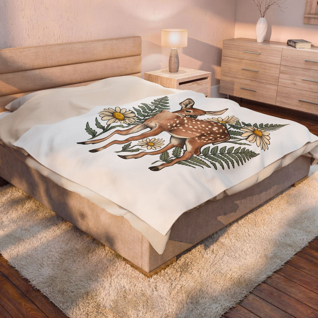 Deer Illustration Blanket Boho Chic Outdoor Gift Women Floral Blanket Fawn Blanket Bohemian Fan Botanical Blanket Wilderness Graphic Retro Flower