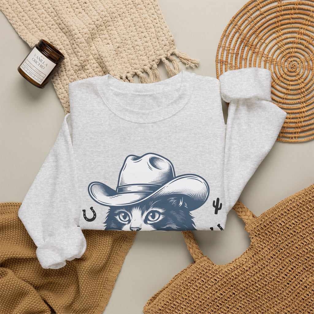 Western Cat Sweatshirt Cat Cowboy Gift Women Distressed Sweatshirt Kitty Sweatshirt Cat Fan Frayed Sweatshirt Rodeo Graphic Doodle Desert Plant Sweatshirt