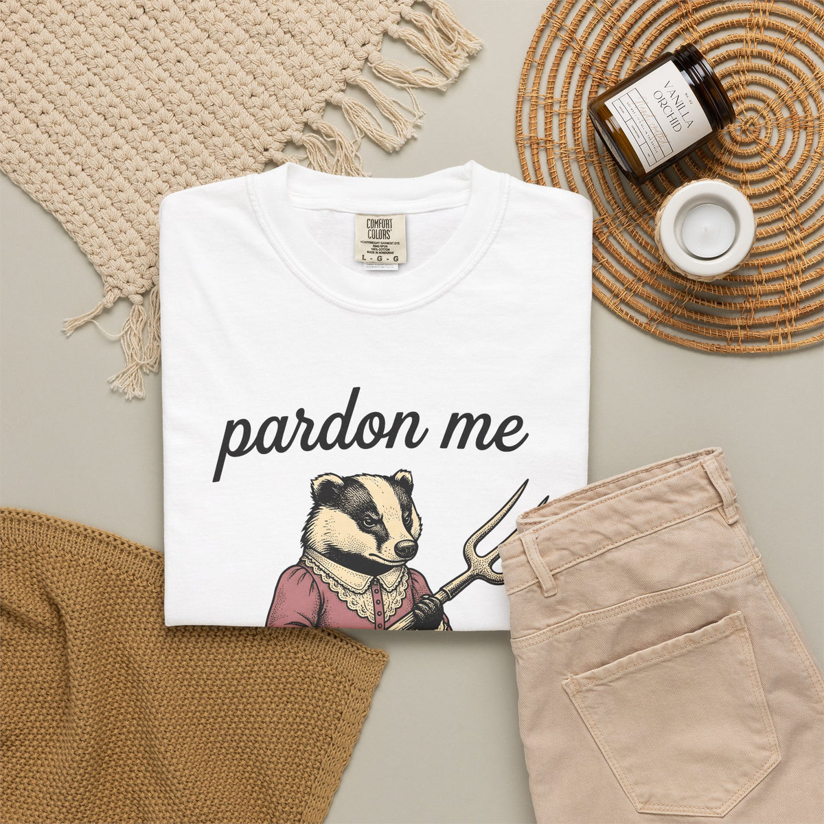 Badger Attire T-Shirt Funny Critter Gift Women Rustic T-Shirt Badger T-Shirt Humor Fan Folk T-Shirt Animal Graphic Doodle Fork Tool T-Shirt