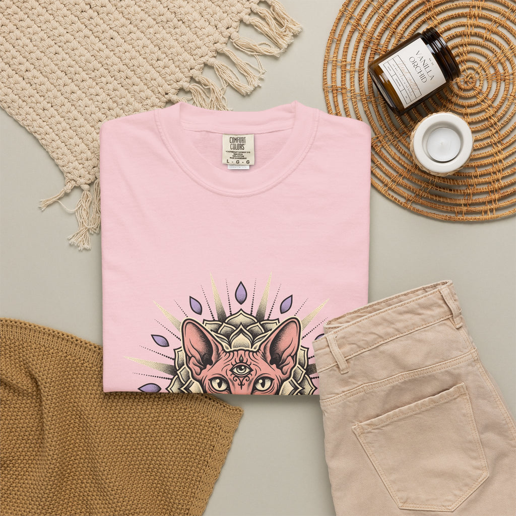 Sphynx Pet T-Shirt Cat Meditation Gift Women Tribal T-Shirt Hairless Cat T-Shirt Cat Fan Tribalism T-Shirt Mindfulness Graphic Etched Circle Design