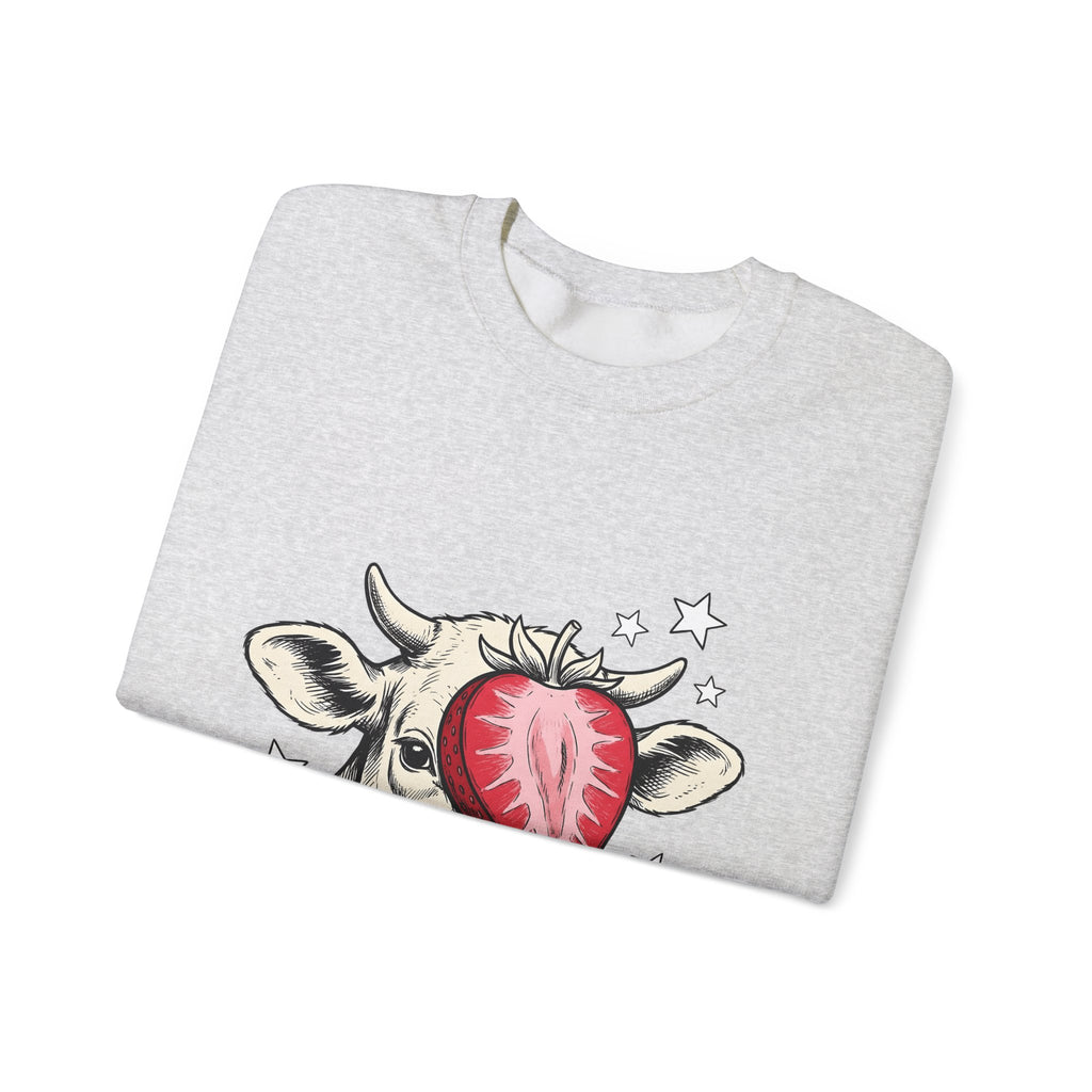 Cow Strawberry Sweatshirt Cute Animal Gift Women Hand Drawn Sweatshirt Cow Sweatshirt Adorable Fan Illustrated Sweatshirt Creature Graphic Whimsical Stars