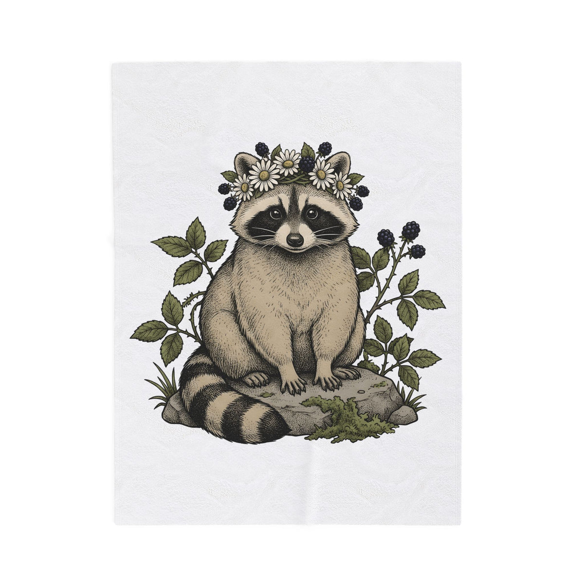 Raccoon Blossom Crown Blanket Animal Greenery Gift Women Natural Blanket Raccoon Crown Blanket Wildlife Fan Botanical Blanket Foliage Graphic Hand