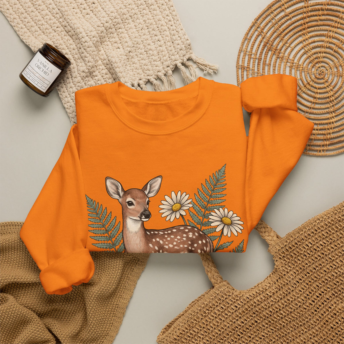 Deer Illustration Sweatshirt Boho Chic Outdoor Gift Women Floral Sweatshirt Fawn Sweatshirt Bohemian Fan Botanical Sweatshirt Wilderness Graphic Retro Flower