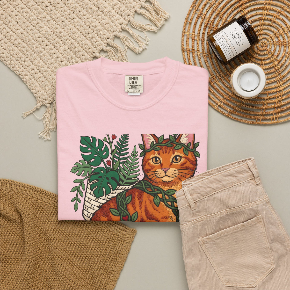 Ginger Cat T-Shirt Cat Wildlife Gift Women Floral T-Shirt Orange Cat T-Shirt Cat Fan Feline Graphic T-Shirt Sketch Indoor Plants T-Shirt
