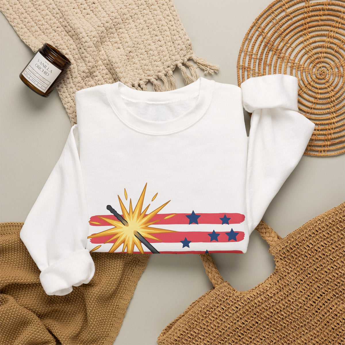 Sparkler Flag Sweatshirt 4th Of July Celebration Gift Women Patriotic Sweatshirt Wave Banner Sweatshirt Independence Day Fan American Sweatshirt Party Graphic