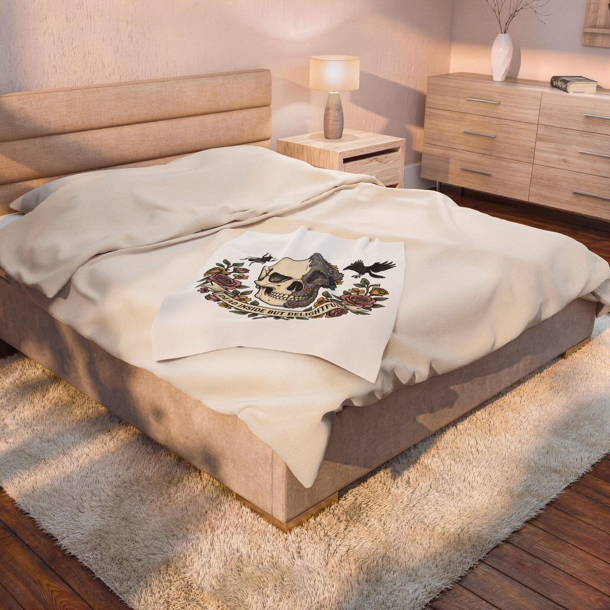Bone Flower Halloween Occult Gift Neo Traditional Skeleton Horror Fan Tattoo Mystic Hand Drawn Blanket