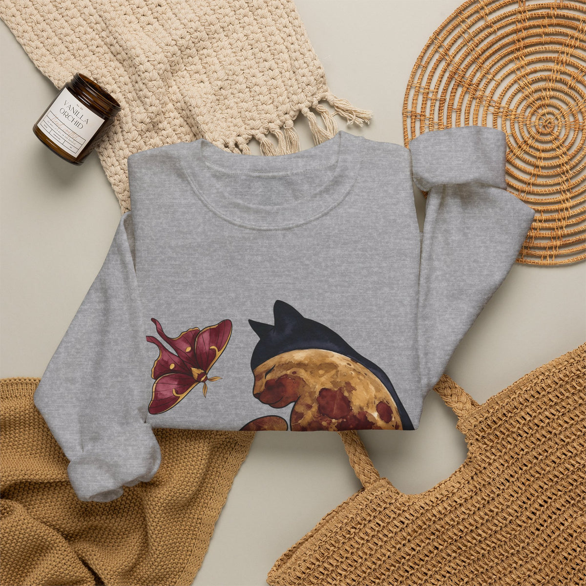 Night Cat Sweatshirt Cat Cosmos Gift Women Paint Sweatshirt Kitty Sweatshirt Cat Fan Artistic Sweatshirt Universe Graphic Galaxy Moth Sweatshirt