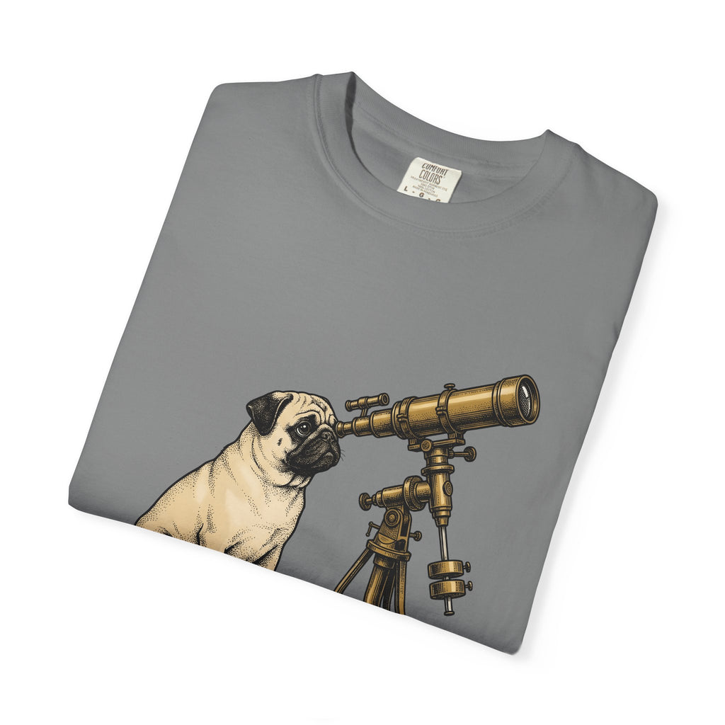 Pug Puppy T-Shirt Dog Space Gift Women Retro T-Shirt Puppy T-Shirt Dog Fan Canine T-Shirt Vintage Graphic Astronomy Illustration Sketch Binoculars