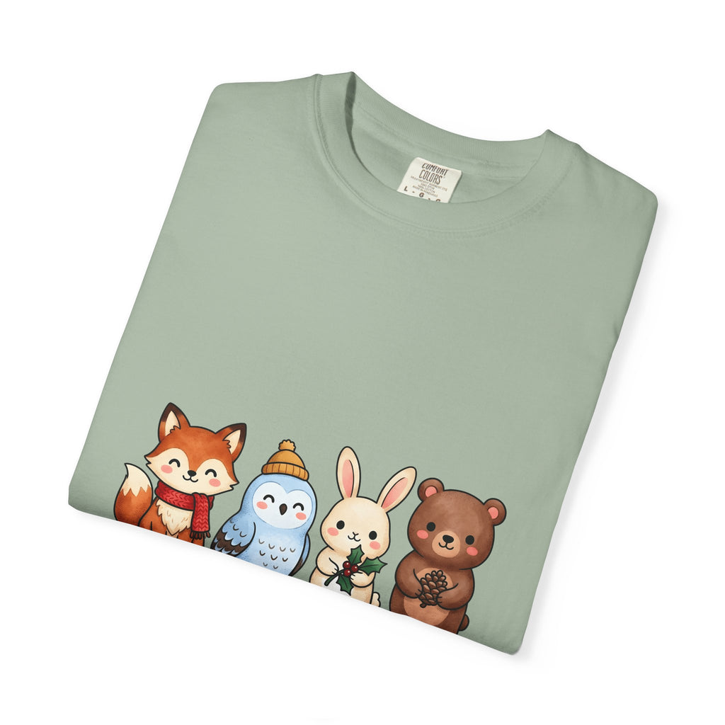 Forest Creatures T-Shirt Christmas Wildlife Gift Women Adorable T-Shirt Woodland T-Shirt Xmas Fan Cute T-Shirt Animal Graphic Comic Mistletoe