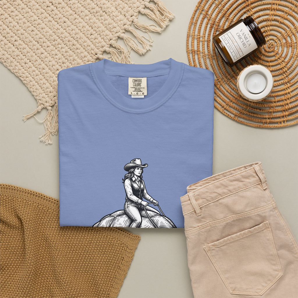 Cowgirl Riding Tortoise T-Shirt Cowgirl Western Gift Women Vintage T-Shirt Cowgirl Riding Turtle T-Shirt Rodeo Fan Retro T-Shirt Western Design