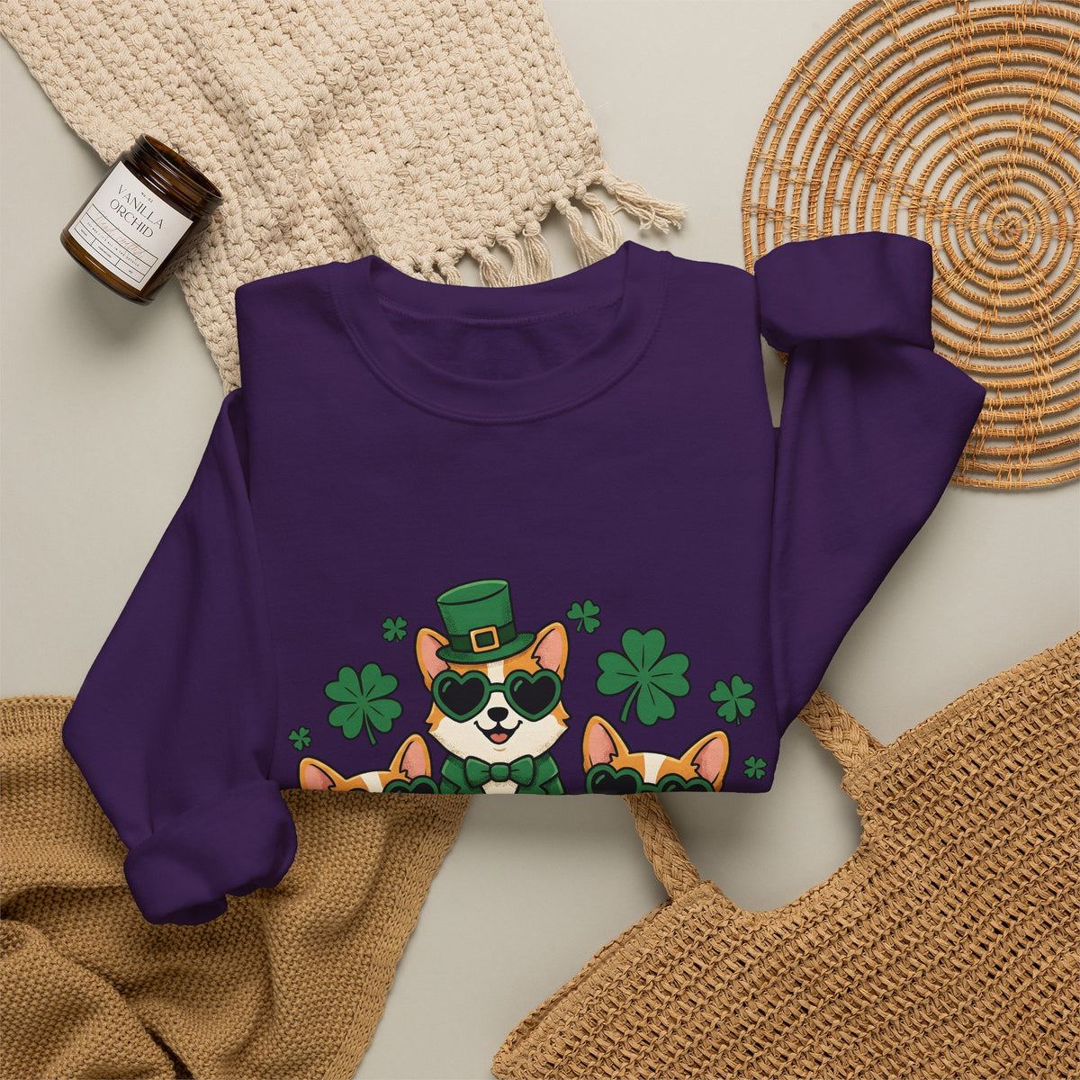 Corgi Puppies Sweatshirt St Patrick's Day Pet Owner Gift Women Comic Sweatshirt Puppy Sweatshirt Shamrock Fan Cartoon Sweatshirt Dog Mom Graphic Chibi Clover