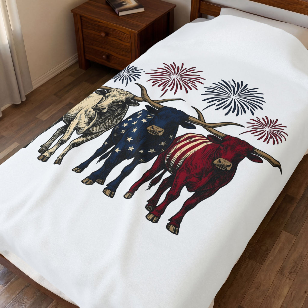 American Longhorn Cattle Blanket 4th Of July Country Gift Women Retro Blanket Longhorns Blanket Independence Day Fan Vintage Blanket Rural Graphic