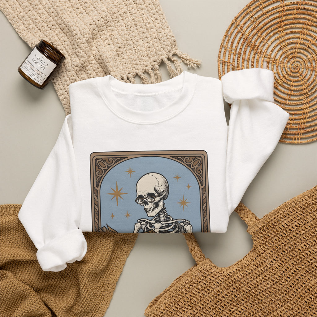 Skeleton Reading Book Sweatshirt Gothic Academic Gift Women Vintage Sweatshirt Skeleton Sweatshirt Dark Fan Retro Sweatshirt Scholar Graphic Tarot Coffee Cup