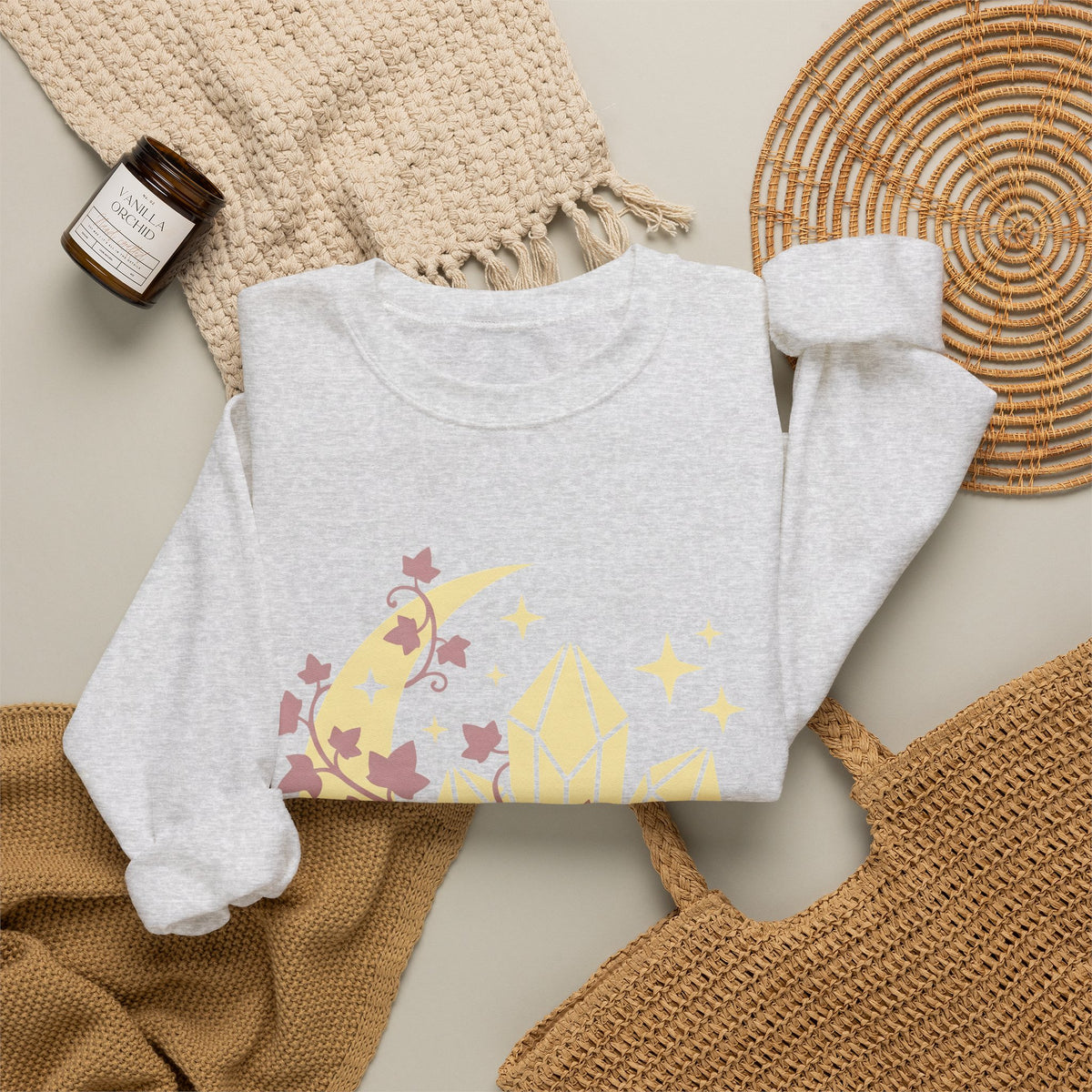 Moon Gems Sweatshirt Boho Chic Wellness Gift Women Starry Sweatshirt Lunar Stones Sweatshirt Bohemian Fan Celestial Sweatshirt Holistic Graphic Sleek Greenery