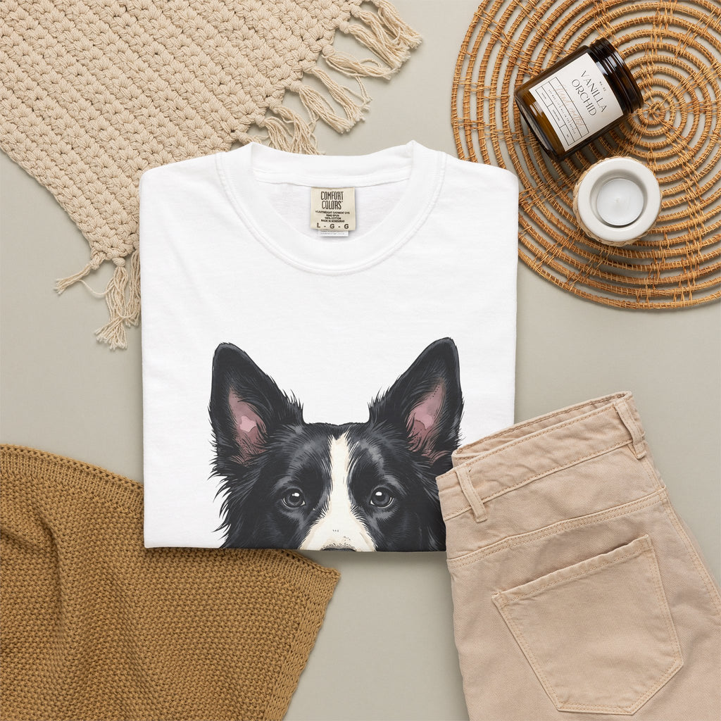 Border Collie Puppy T-Shirt Dog Pets Gift Women Line Art T-Shirt Puppy T-Shirt Dog Fan Collie T-Shirt Animal Graphic Hand Drawn Woven Collar T-Shirt