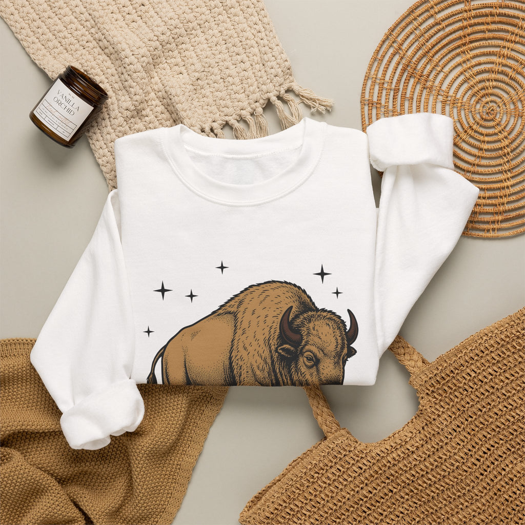 Buffalo Art Sweatshirt Animal Environment Gift Women Rustic Sweatshirt Bison Sweatshirt Wildlife Fan Primitive Sweatshirt Eco Graphic Line Art Star Symbols