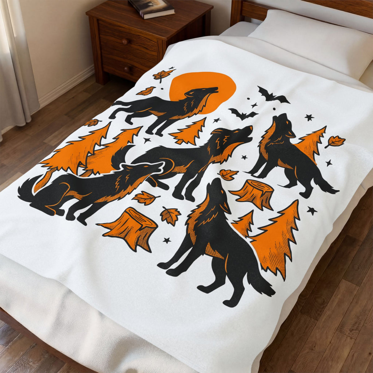 Wolf Crew Blanket Halloween Fauna Gift Women Minimalist Blanket Wolf Pack Blanket Horror Fan Werewolf Blanket Wildlife Graphic Sketch Bats Flying