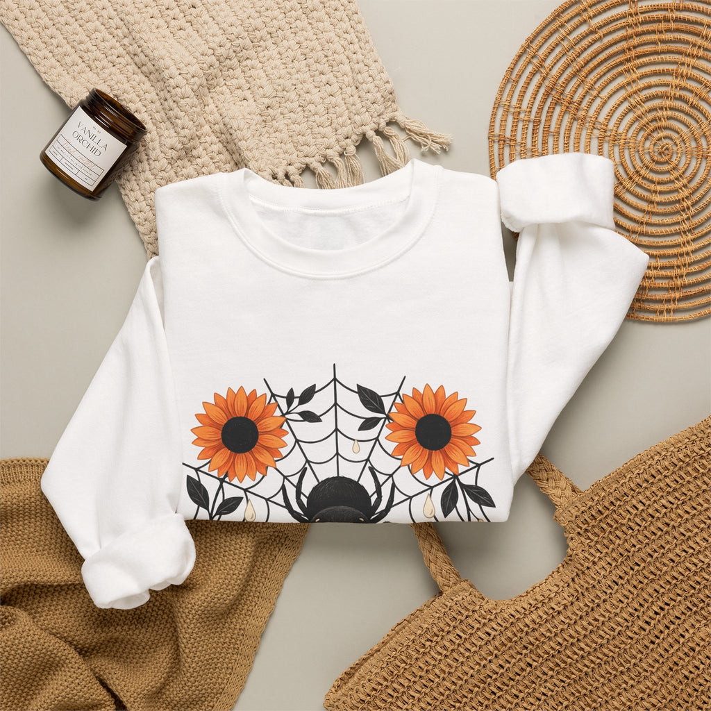 Spider Web Sunflower Sweatshirt Boho Chic Autumn Gift Women Cartoon Sweatshirt Sunflower Sweatshirt Hippie Fan Comic Sweatshirt Fall Graphic Doodle Petal