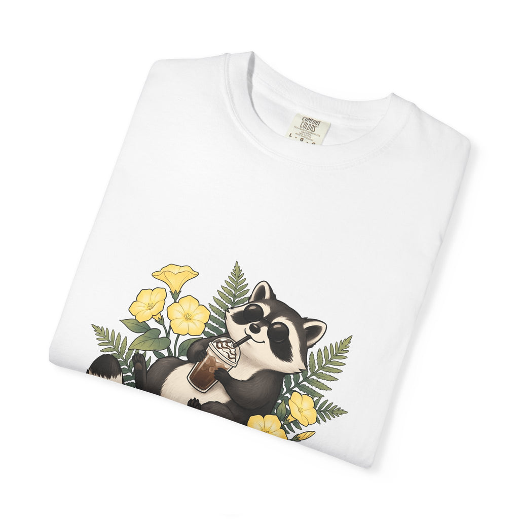 Raccoon Cappuccino T-Shirt Coffee Pet Gift Women Cartoon T-Shirt Cappuccino T-Shirt Coffee Fan Caricature T-Shirt Animal Graphic Outline Florals