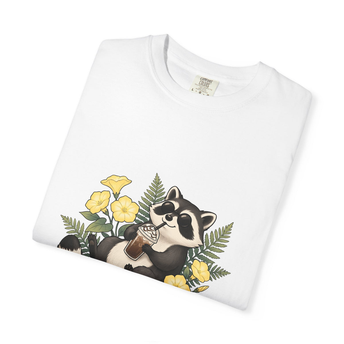 Raccoon Cappuccino T-Shirt Coffee Pet Gift Women Cartoon T-Shirt Cappuccino T-Shirt Coffee Fan Caricature T-Shirt Animal Graphic Outline Florals
